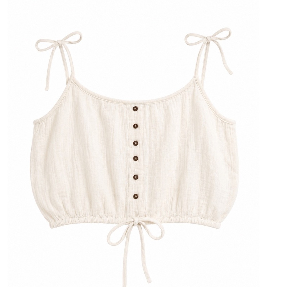 Salty Lemon Crop Top Women Large White NWT Gauze Tie Strap Button Front 1386